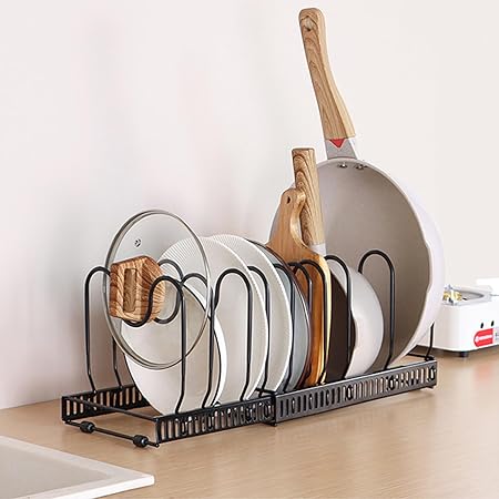 Expandable Pans Organizer Rack,10 Adjustable Compartments Pot Rack Organizer Bakeware Lid Organizer Rack Holder for Kitchen Cabinet Pantry Restaurant, Black
