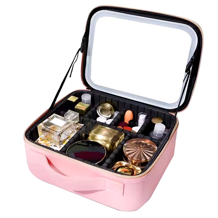 Hot Sale Amazon Custom Logo Portable Luxury Makeup Case Bag Mirror Smart Led Light Case Travel Waterproof Make Up Bag Mirror
