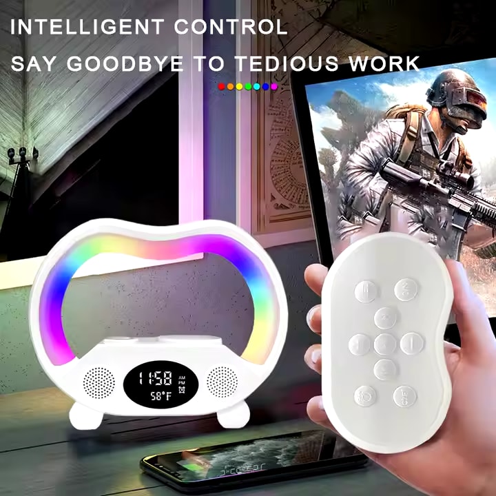 Factory wholesale 6 in 1 G lamp Mini speaker RGB LED night light with wireless charger alarm clock for bedside living room